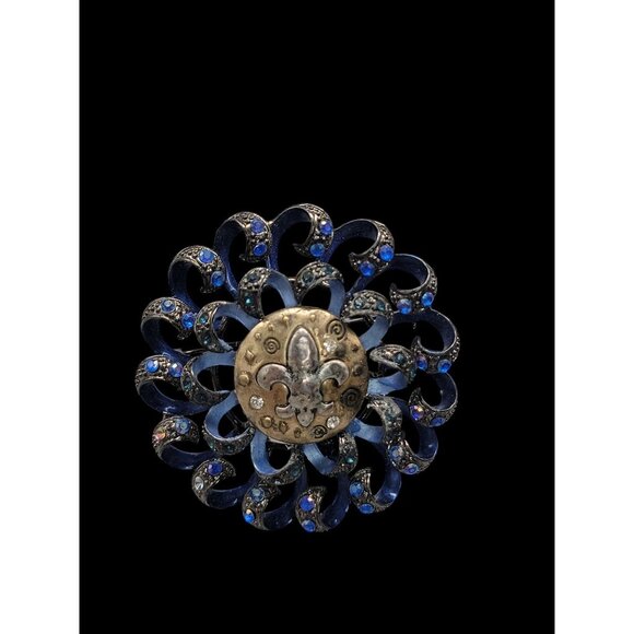 Fleur De Lis Swirl Brooch Royal Blue Gun Metal Gray Rhinestone Sparkle - Picture 8 of 15